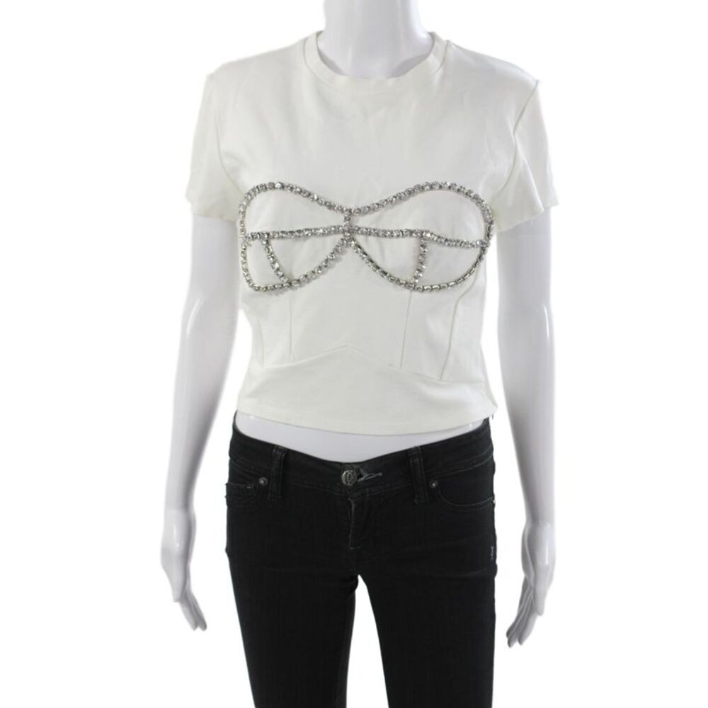 Area Womens Cropped White Crew Neck Short Sleeve T-Shirt Zip Bling Rayon Size L